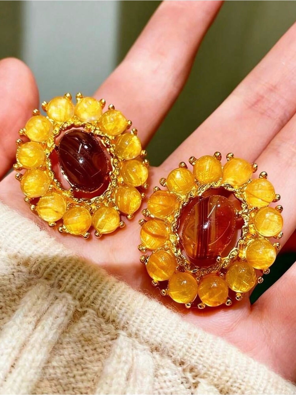 Yellow Floral Cluster Gemstone Earrings - Fashion Brand